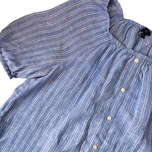 Talbots 100% Linen Striped Blue‎ Button Down Top Bubble Sleeve - Med P- Spring